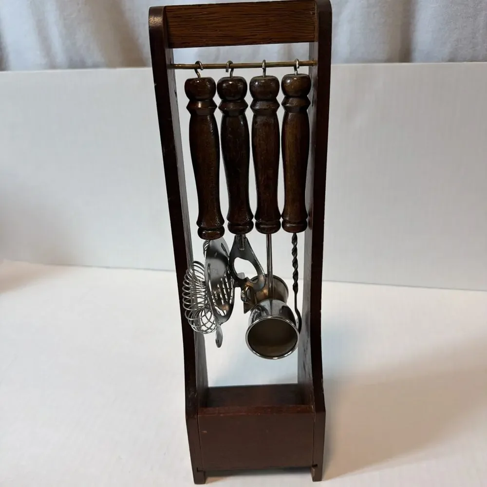 1970s Vintage Wooden Bar Tool Set